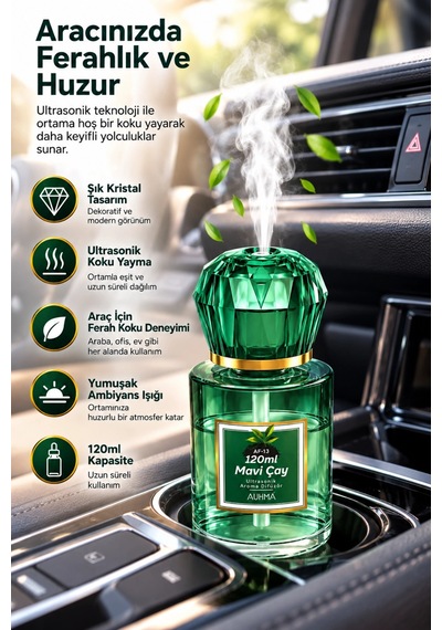 Auhma Af-13 Yeşil Araç Ve Ev Kokusu Difüzörü 120 Ml Kristal Işıklı Hava Nemlendirici Koku Makinesi
