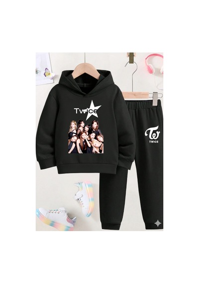 Stil X Twıce Baskılı Sweatshırt Takım / K Pop Siyah