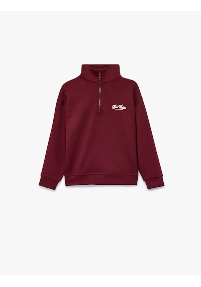 Koton Baskılı Viskon Karışımlı Uzun Kollu Fermuarlı Yaka Sweatshirt Bordo 7wkg10376ak