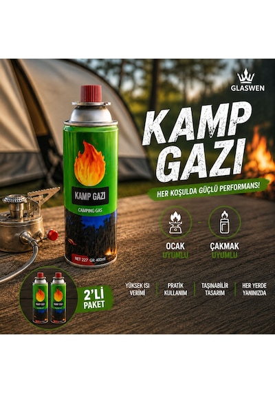 2 Adet Kamp Gazı Gaz Tüpü Portatif Ocak Kartuşu Tek Kullanımlık Pürmüz 400 Ml 227 Gr Yeşil