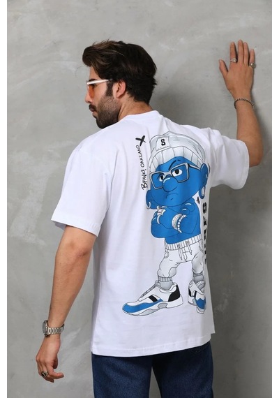 Erkek Kısa Kol Yazlık Tişört Bisiklet Yaka Baskılı Oversize T-shirt - Beyaz Siyah
