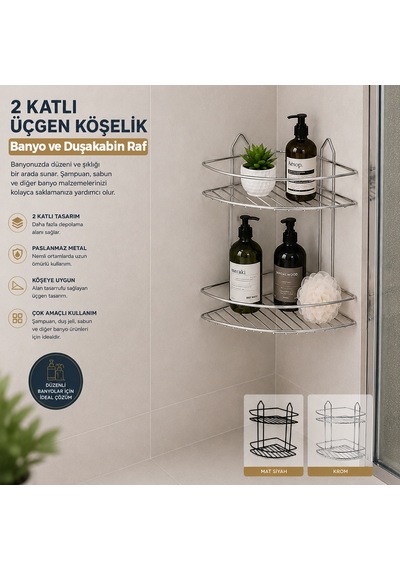 Çift Katlı Krom Metal Banyo Köşeliği - Üçgen Duş Rafı Çok Renkli