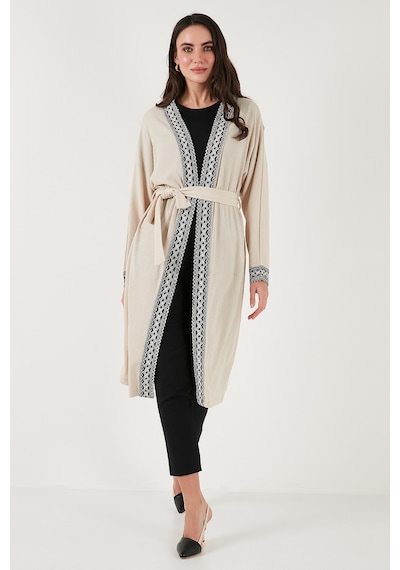 Lela Modest Regular Fit Bağlamalı Nakışlı Tesettür Uzun Kimono Bayan Hırka 5866173 Taş