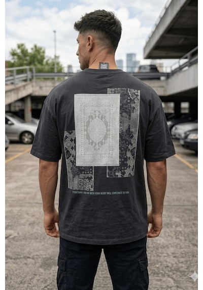 Oversize Erkek Tişört Baskılı Pamuklu Rahat Kesim Streetwear Yazlık Basic T-shirt Antrasit