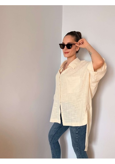 Ali Butik Krem Fakir Kol Oversize Keten Gömlek Krem
