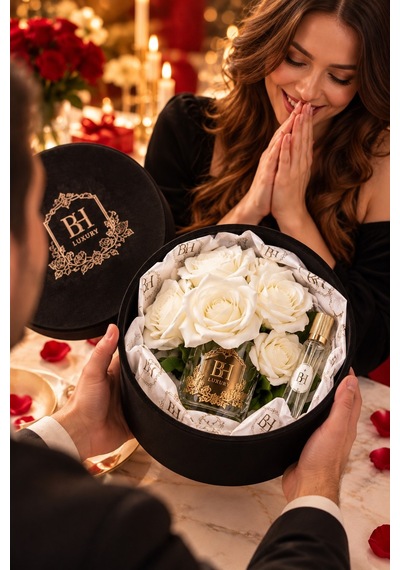 Bh Luxury Yapay Beyaz Gül Ve Parfüm Hediye Seti Siyah Dekoratif Kutulu