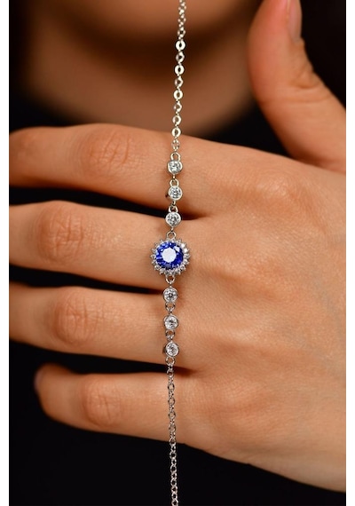 Roza Silver Safir Taşlı Rodyum Yuvarlak Anturaj Gümüş Bileklik
