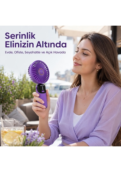 Mkio Şarjlı El Vantilatörü 5 Kademeli, Katlanabilir Dijital Ekranlı Mini El Fanı, 1200 Mah, 5 Pervaneli Güçlü Hava Akışı, Standlı Masaüstü Fan, Usb Şarjlı - Mor Renk