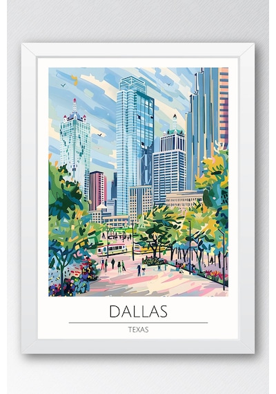 Texas Dallas Temalı Çerçeveli Tablo Travel Serisi Modern İllüstrasyon Şehir Duvar Dekoru Beyaz
