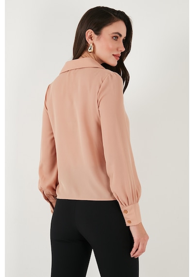 Lela Bağlama Detaylı V Yaka Şifon Bayan Gömlek 611Bz0047 Vizon