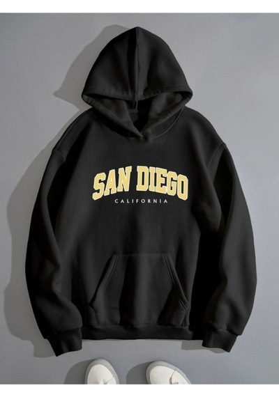 San Diego California Sweatshirt - Siyah Baskılı Oversize Kışlık Kalın Kapüşonlu Siyah