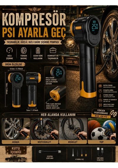 3600mah 150psı Lcd Ekranlı Kompresörlü Araç, Motosiklet, Scooter,