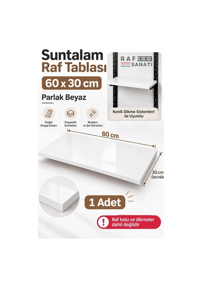 Tr 1 Adet - Suntalam Raf Tablası 60x30 Cm Beyaz Ahşap Raf Konik Dikme Sistemleri İle Uyumlu Diğer