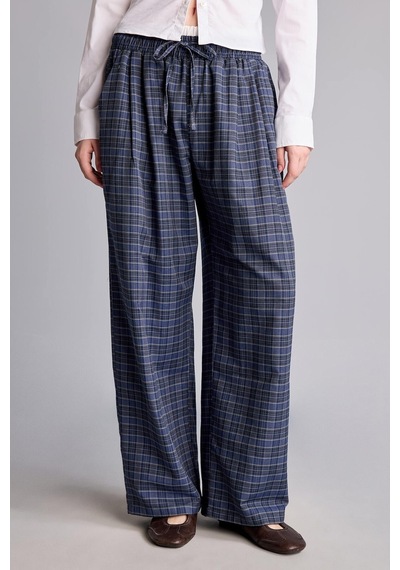 Defacto Ekose Desenli Bağcıklı Beli Lastikli Wide Leg Pantolon I2064ax26aunv241 Lacivert-nv241