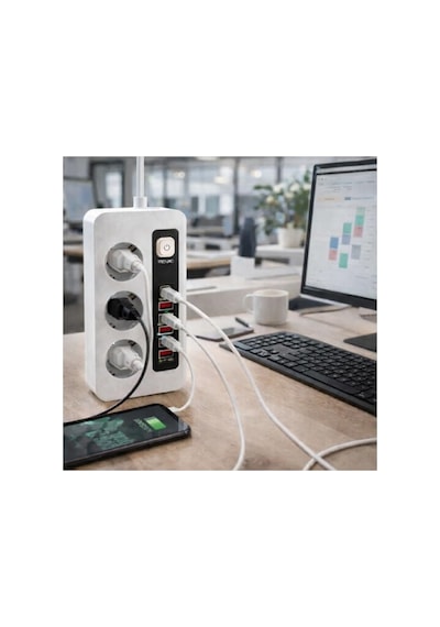 3500w Akım Korumalı Çoklu Priz, 3 Priz Girişi, 2 Type-c + 4 Usb Port