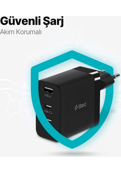 Ttec Smartcharger Trio Gan 65W PD Seyahat Hızlı Şarj Aleti 2 USB-C+USB-A