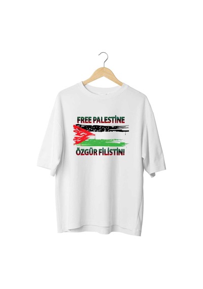 Panda Baskı Tekstil Özgür Filistin 2 Baskılı Özel Tasarım Oversize Tshirt Beyaz