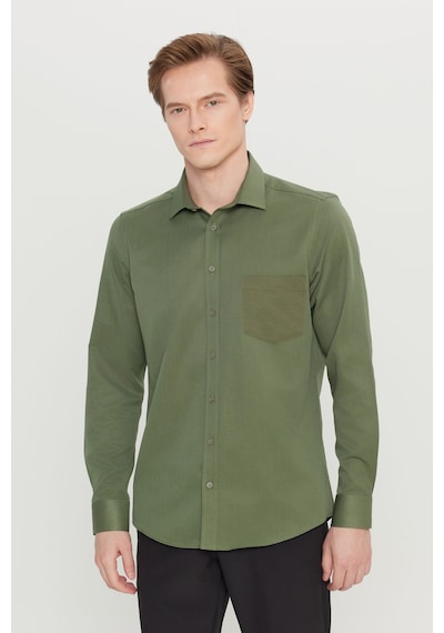 AC&Co / Altınyıldız Classics Erkek Hakı Pamuklu Tailored Slim Fit Dar Kesim Klasik Yaka Armürlü Cepli Gömlek Haki