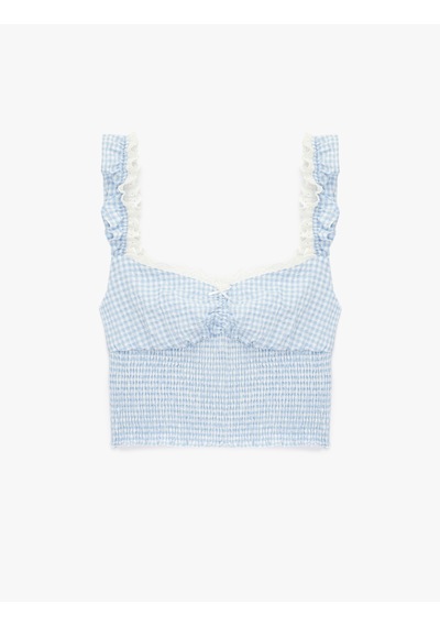 Koton Geniş Yaka Kolsuz Fırfırlı Gipeli Crop Bluz Mavi Ekose 6sal60016ıw