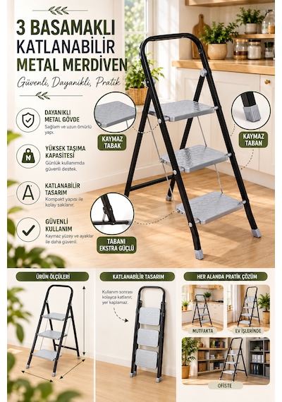 Perilla Class 3 Basamaklı Kaymaz Tabanlı Katlanır Metal Merdiven - Ekstra Güçlü 3 Basamak