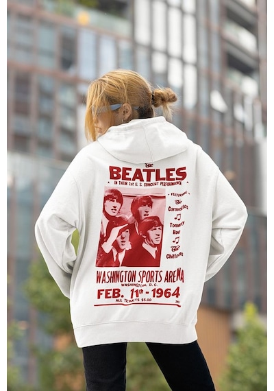 Sevbano The Beatles Müzik Grubu Baskılı Unisex Oversize 1964 Hoodie Beyaz