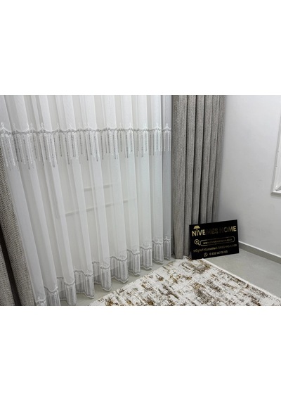Nivemeshome 2571 V -105 Reina Gümüş 1/2,5 Pileli Bambu Tül Perde Gümüş