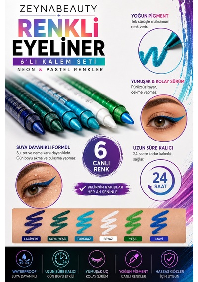 Renkli Eyeliner Kalemi Seti 6'lı Waterproof Göz Kalemi Neon & Pastel Renkler Çok Renkli - 851609122 Diğer