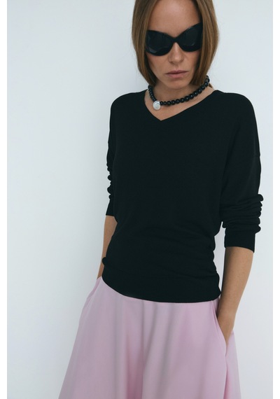 Suud Collection Siyah V Yaka İnce Triko Kazak