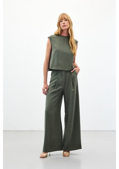 Sateen Geniş Paça Pantolon - Haki-136454 Haki