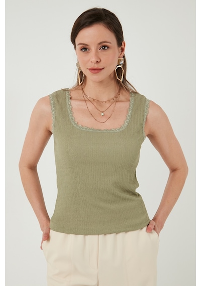 Lela Slim Fit Kalın Askılı Dantelli Kare Yaka Bürümcük Bayan Atlet 5864979 Olive