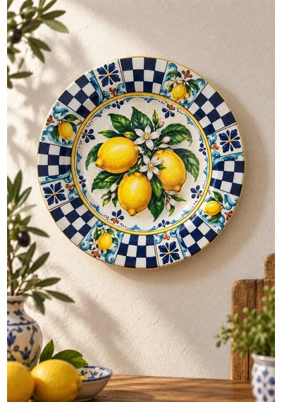 Dekoratif Duvar Tabağı - Limon Ve Lacivert Dama Desenli - Dekorlu Seramik Tabak