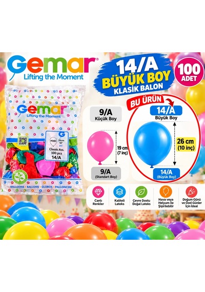 14/a Büyük Boy Klasik Balon 100'lü Karışık Renk 26 Cm 10 İnç Çok Renkli