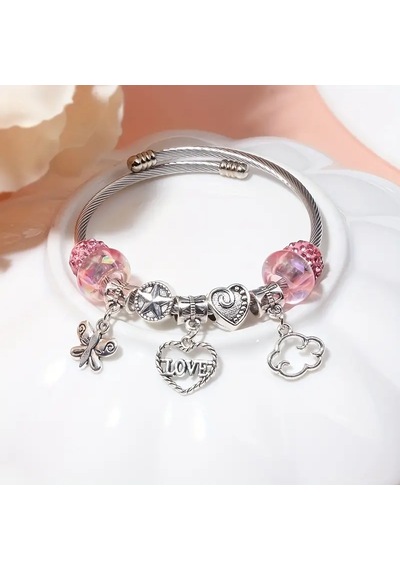 Aşk Love Temalı Kalp Pembe Charmlı Bileklik Gümüş