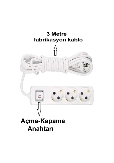 Grup Priz Topraklı 3'lü Çoklu Anahtarlı Priz Seyyar Ara Uzatma Kablosu Kablo 3 Metre 3 m