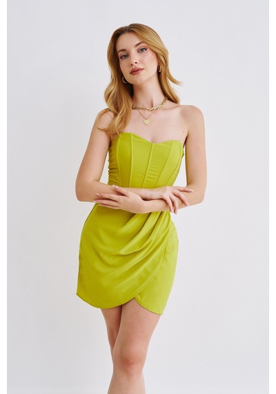 Munora Butik Kalp Yaka Eteği Kruvaze Mini Yeşil Elbise Yeşil Yeşil