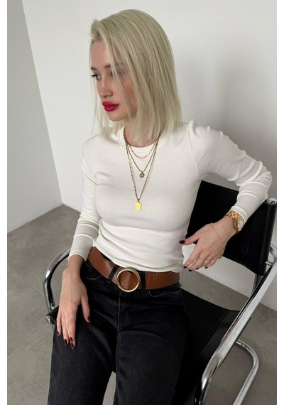 Madmext Ekru Bisiklet Yaka Slim Fit Kadın Body Mg2564 Ekru