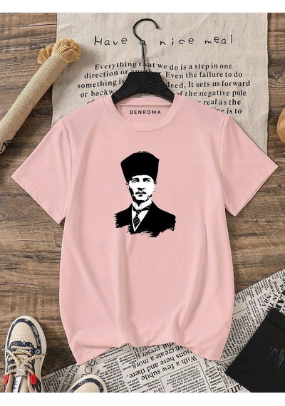 Atatürk Baskılı Oversize Unisex Tişört Pembe