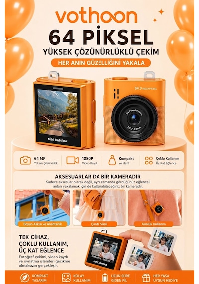 Mini Dijital Kamera 64mp 16x Digital Zoom Retro Vintage 1.4 Ekranlı Video Kamera Taşınabilir Tasarım Turuncu