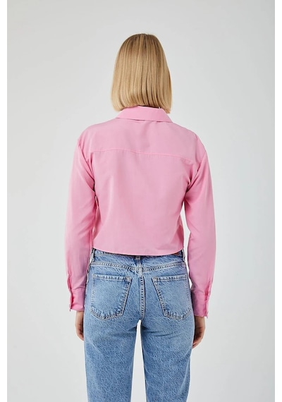 Mixray 4444 Kadın Apoletli Crop Gömlek Şeker Pembe