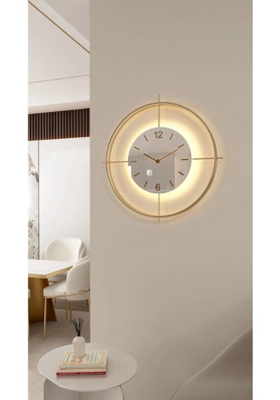 MetaQuartz Aksesuar (Büyük Boy-55*55 cm)Gold Deluxe Ledli Pilli - Beyaz Göbek - Modern Dekoratif Saat