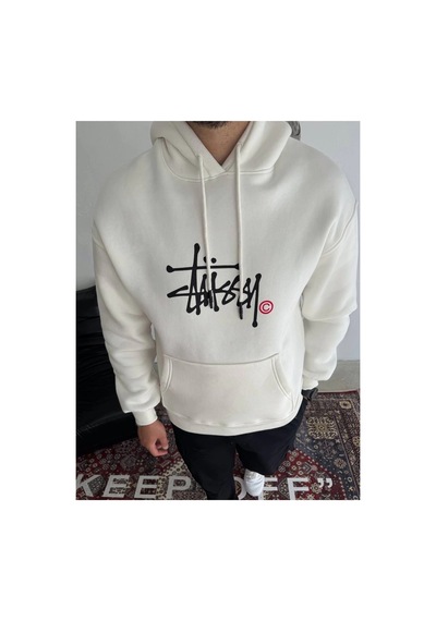 Erkek Üç İplik Kapşonlu Baskılı Sweatshirt - Beyaz