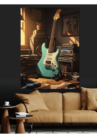 Ahşap Tablo Çalışma Odasındaki Mavi Elektrogitar