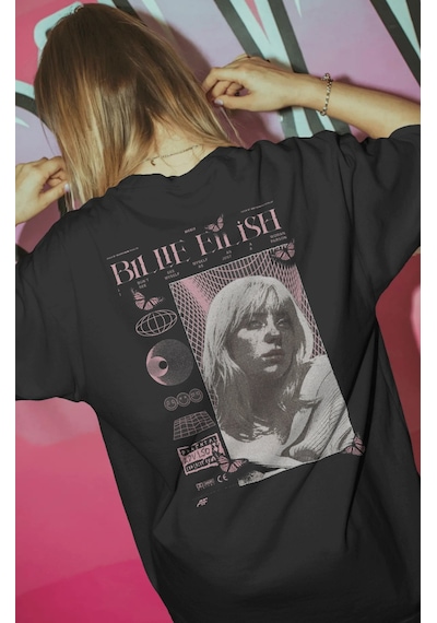 Sevbano Vintage Billie Eilish Şarkıcı Baskılı Unisex Oversize Premium Tiş Siyah
