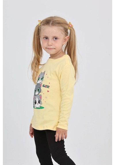 Toontoy Kız Çocuk Üçlü Kedi Baskılı Sweatshirt Açık Sarı