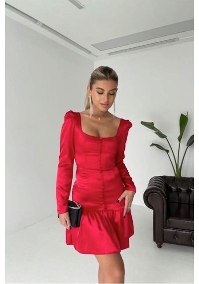Munora Butik Önü Düğmeli Saten Kırmızı Elbise Kırmızı Kırmızı