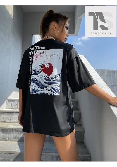 Startmore Coolane Japon Grafikli Düşük Omuzlu Tişört Siyah