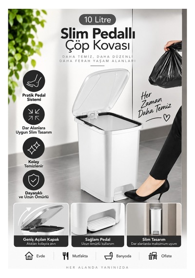 Slim Pedallı Banyo Mutfak Çöp Kovası 10 Litre Ergonomik Tasarım Plastik Malzeme İle Kullanışlı Beyaz