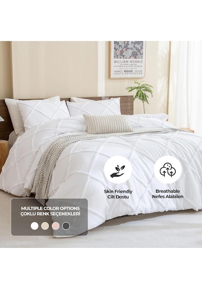 Evlen Home Pamuklu Aimar Yatak Örtüsü Takımı Tek Kişilik Günlük Boho 2 Parça Elyaf Dolgulu Beyaz Beyaz