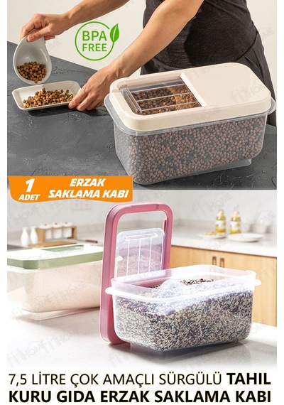 7,5 Litre Sürgülü Saklama Kabı Tahıl Pirinç Kuru Gıda Mama Saklama Kutusu 1 Adet Şeffaf Şeffaf