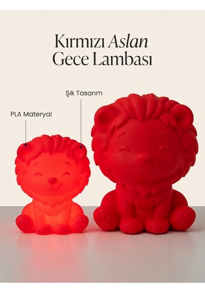Aslan Modern Dekoratif Ev Hediyesi Tasarım Lamba - Aslan Figürlü Gece Lambası Kırmızı